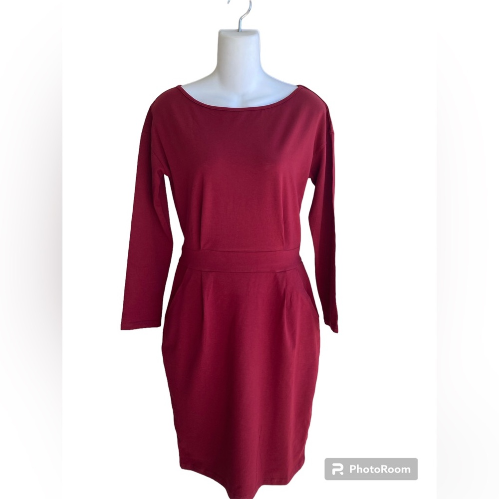 Prettygarden Long Sleeve Belted Dress Pockets Small NWT Burgundy Maroon NWT